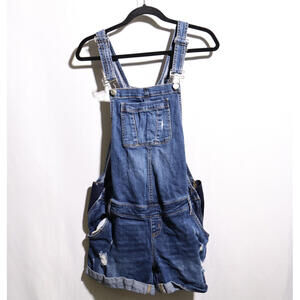 Indigo Blue Denim Maternity Short Bib Overalls Size M Farm Girl Stretch Casual‎
